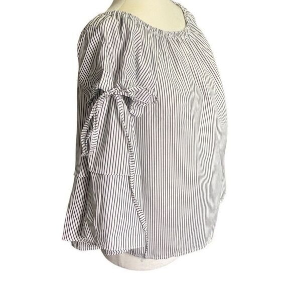 MAIN STRIP Off Shoulder Ruffle Sleeve Dark Gray White Stripe Top Size Large - Picture 2 of 5